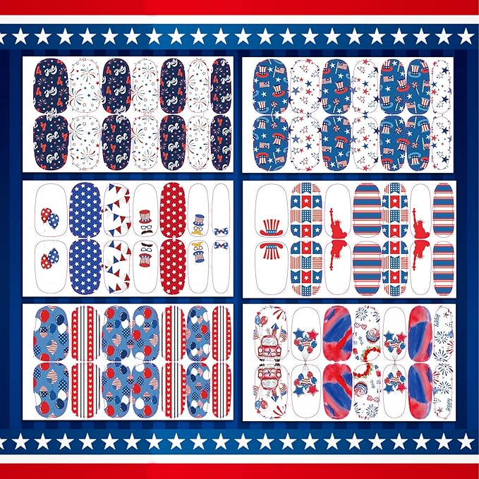 TailaiMei 12 Sheets 4th of July Nail Wraps Stickers, Patriotic Nail Polish Strips Self-Adhesive Full Wraps with 2 pcs Nail Files for Independence Day American Flag DIY Nail Art Design