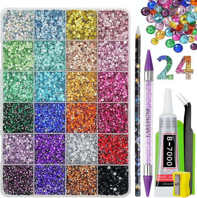 Resin Jelly Rhinestones for Bedazzling, EARLMONI Multi Colord Bedazzler Kit with 15ml B7000 Glue Rhinestone Pen Tool for Clothes Nail Art (C 24 Colors, 3MM)