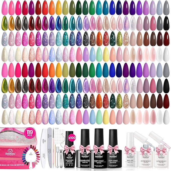 Beetles Gel Nail Polish Gift Set– Valentines Kaleidoscope 100 Vibrant Colors with Base & Top Coats Glitter Matte Glossy Finishes Cat Eye Pearl Nail Polish Nail Art Gift for Women Salon Home DIY Use