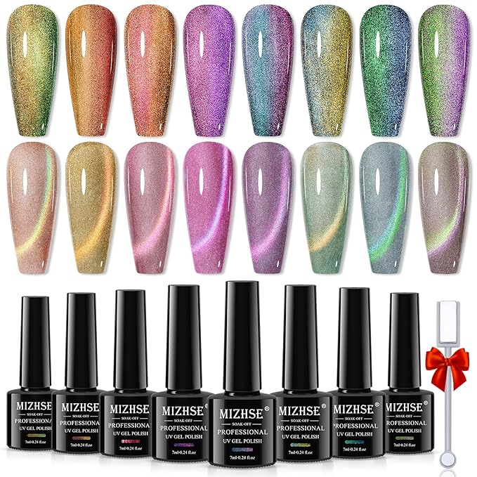 MIZHSE 9D Cat Eye Gel Nail Polish, 8 Colors Magnetic Gel Polish Set with Magnet, Starry Series Galaxy Effect Cateye Soak Off Nail Art Salon Manicure Home Gift for Women
