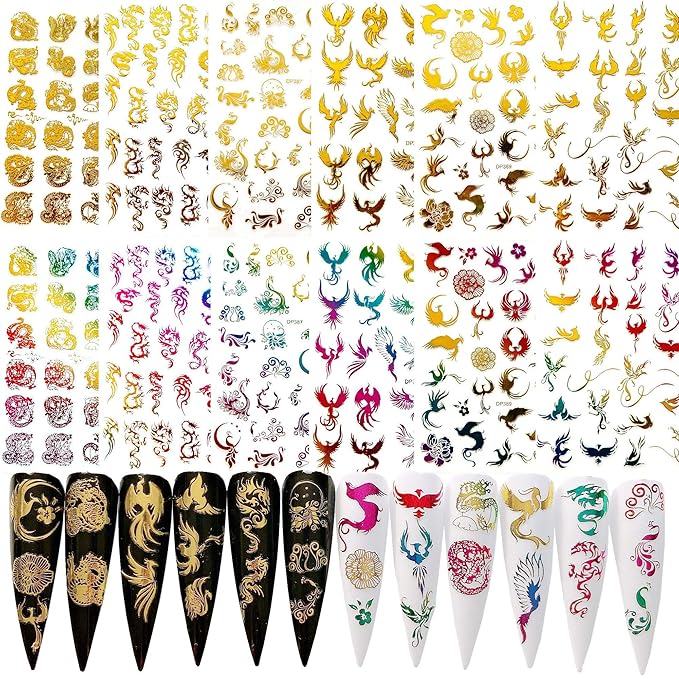 NAIL ANGEL 12Sheets Nail Art Adhesive Sticker Sheets Gold and Rainbow Color Dragon Peacock Phoenix Shapes Nail Art Decoration 10257