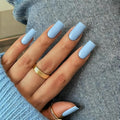 KQueenest Light Blue Press on Nails Long Medium Square, Sky Blue Fake Nails Medium Coffin, Glossy Sheer Color Acrylic Nails Press ons, Reusable Soft Gel Glue on Nails for Women Summer