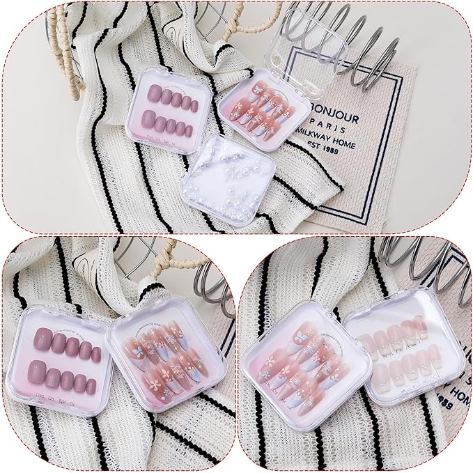 OIIKI 5pcs Clear Press on Nail Boxes, Nail Art Display Box with Adhesive Double Sided Tape, Plastic Storage Case Container Packaging Supplies for Art Business Salon