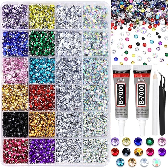 RODAKY 30000Pcs Resin Rhinestone Flatback Crystal Gems Mixed Size AB Clear Rhinestones for Bedazzling Kit with 2PCS 10ml B7000 Glue Tweezers Pen Bedazzled Gem for Crafting