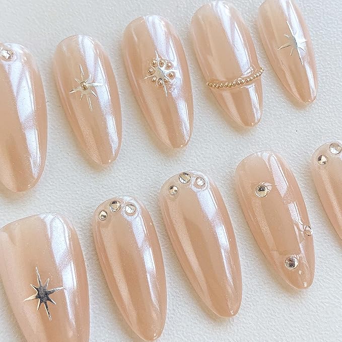 Almond Press-On Nails, Nude with Crystal Rhinestones and Star Design, Handmade False Nail 10 Pieces (Large, Almond)