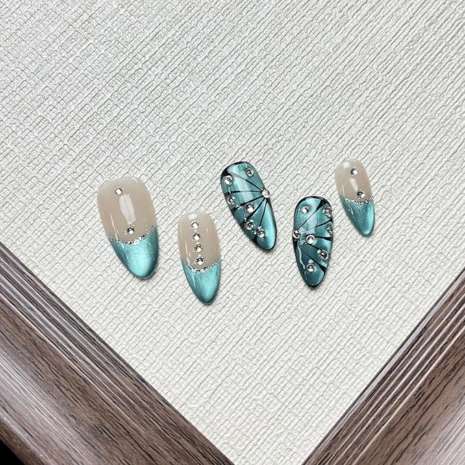 Women Press On Nails - Medium Almond False Nails 10Pcs Luxury Handmade 3D Painting Art ABS Acrylic Artificial Fingernails (Size M)