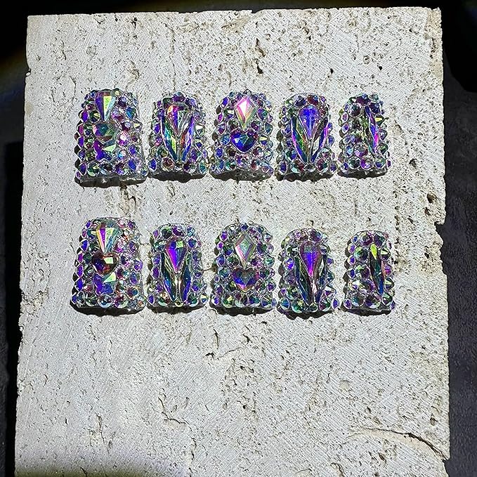 Short Press on Nails Duck Handmade Fake Nails Sparkly Rhinestones Full Cover False Nails with Designs Luxury Reusable Glue on Nail for Women 10Pcs(Size M)