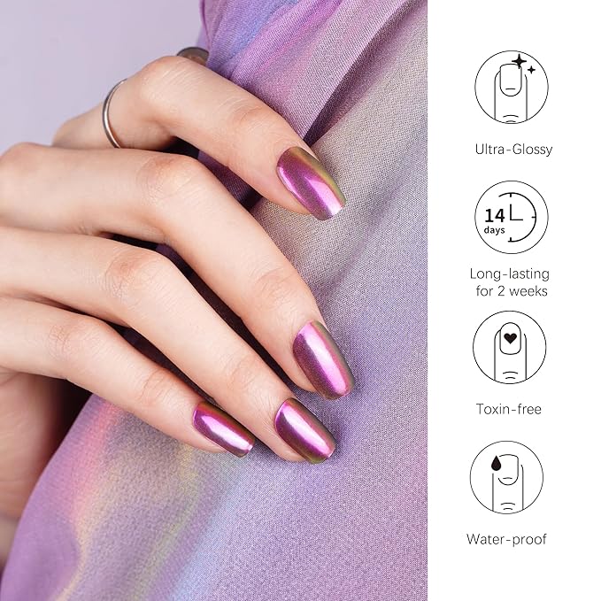 DANNI & TONI Semi Cured Gel Nail Strips Metallic Purple Chrome Gel Nail Wraps UV Nails 28 Stickers Gift for Women | Lustre Luxe