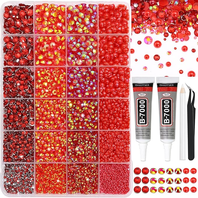 RODAKY Red Rhinestone Resin Flatback Gems AB Jelly Rhinestones for Bedazling Valentine's Day Crafting 2Pcs 10ml B7000 Jewelry Glues Tweezers Dotting Pen Clothing Shoes Nail Art