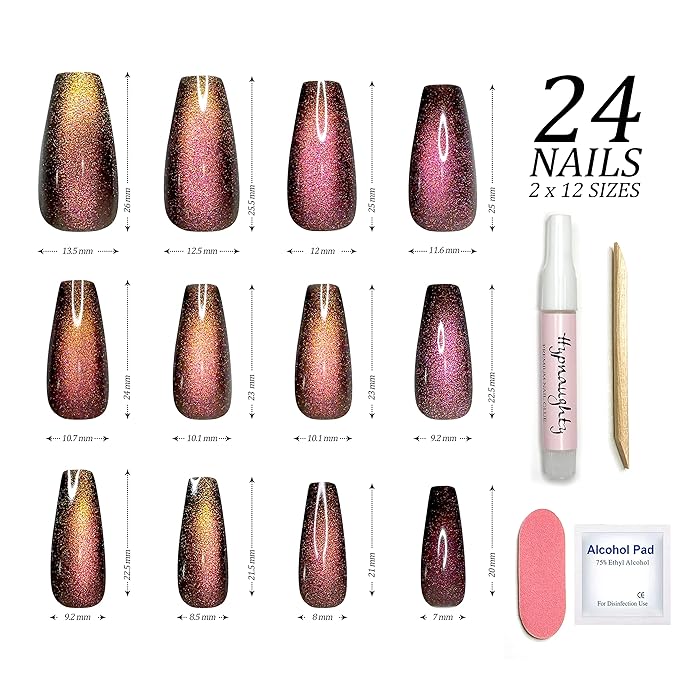 Hypnaughty 24 Pcs Galaxy Cat Eye Effect Magenta Color Changing Glossy And Sparkly Coffin Long Press On Nails With Nail Kit And Glue (Galaxy Cat Eye)