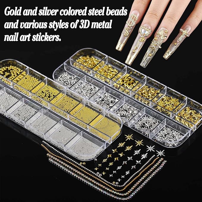 BANA Nail Charms for Rhinestones Kit with 13 Boxes of Nail Gems, 18000Pcs 3D Gold and Silver Nail Charms with Cross, Crown, Pearls for DIY Nail Designs