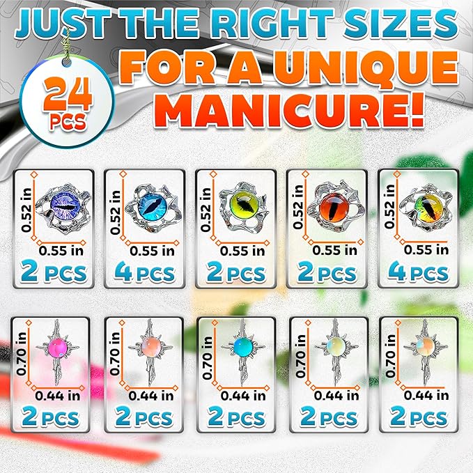 24 Pcs Dragon Eye Charms for Nails – 3D Silver Cross Nail Charms and Gems with Bright Crystals, Easy-to-Apply Art Kit – Stunning Nail Decor for Unique & Creative Manicures