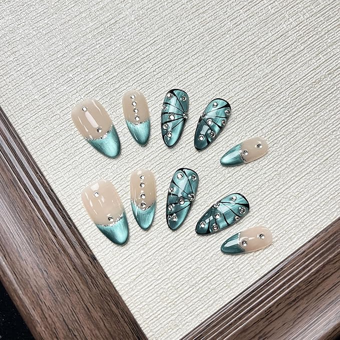 Women Press On Nails - Medium Almond False Nails 10Pcs Luxury Handmade 3D Painting Art ABS Acrylic Artificial Fingernails (Size M)