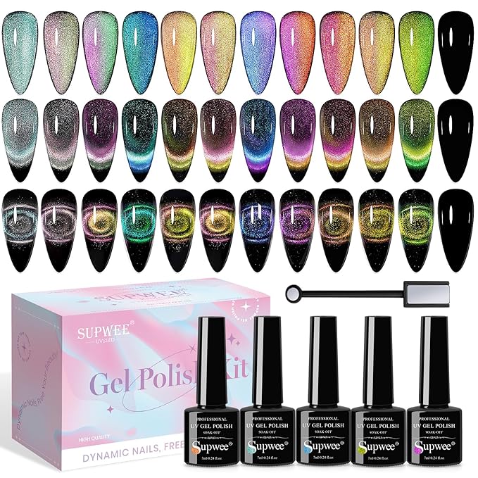 9D Cat Eye Gel Nail Polish Set with Magnet - 12 Colors Magnetic Cateye Gel Polish Chameleon Galaxy Effects Manicure for Nail Salon DIY Nail Art at Home
