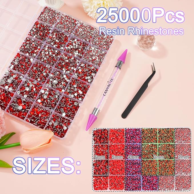 Canvalite 25000PCS Resin Jelly Rhinestones for Crafting,Red Flatback Gems, Bedazzling Crystal with 5Pcs 2.5g B7000 Jewelry Glue and Tweezers and Dotting Pen for DIY Crafts Clothing Shoes Nail Art