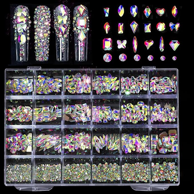 AB-Colored Nail Rhinestones for Nail, 5380Pcs AB Flatback Glass Nail Charms Gems Stones, 19 Types of Shaped Nail Art Rhinestones Kit with Tweezers, 6 Sizes for Decoration