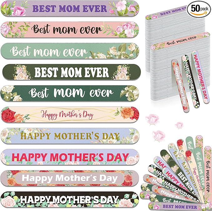 Therwen 50 Pcs Mother's Day Gifts Bulk Floral Christian Nail File Small Mom Women Church Gift Bulk Double Sided Emery Board Nail Files Manicure Tools for Mother's Day Party Supplies