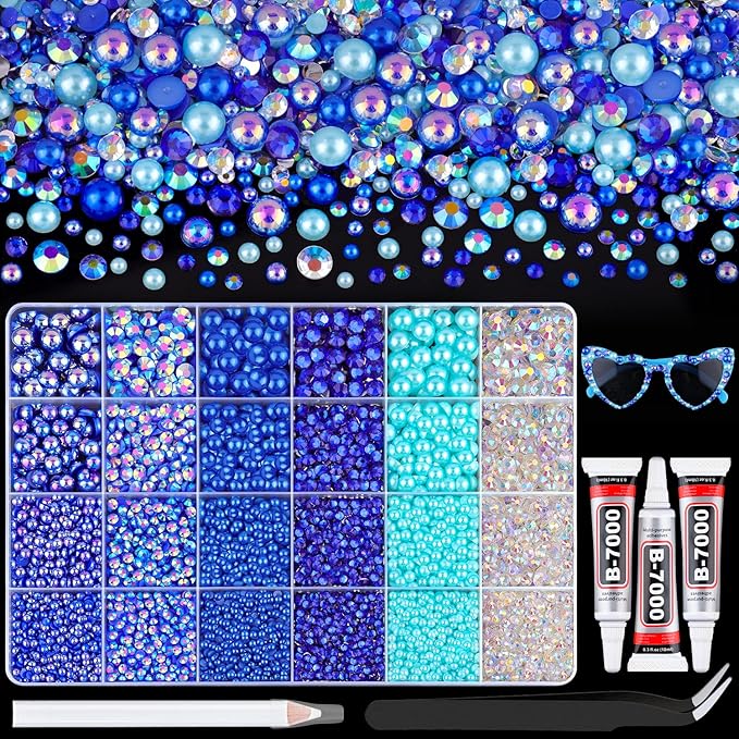 14000Pcs Flatback Pearls and Rhinestones for Bedazzling, Blue Series Mixed Size 3-8mm Resin Rhinestones and Half Pearls for Crafting, Nail Art and Grad Cap Decoration with 3pcs B7000 Jewelry Glue