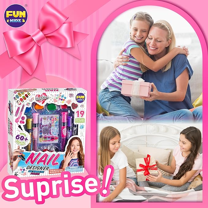 Nail Polish Pens Kit for Girls Ages 7-12, FunKidz Nail Pen Combo Kit Teen Gift Peelable Nail Art Studio Set with Cool Girly Decoration Stuff Pearl Beads, Glitter, Nail Stickers, Nail File, Gems