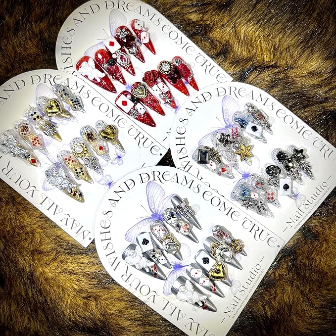 Mystery Box Random 4Pack(40Pcs) Handmade Nails Manual Press on Nails Poker Playing Pard Nails Manicure Charms Nails Art Nail Kit for Women Party Holiday Photo Wedding 30mm Long Size M