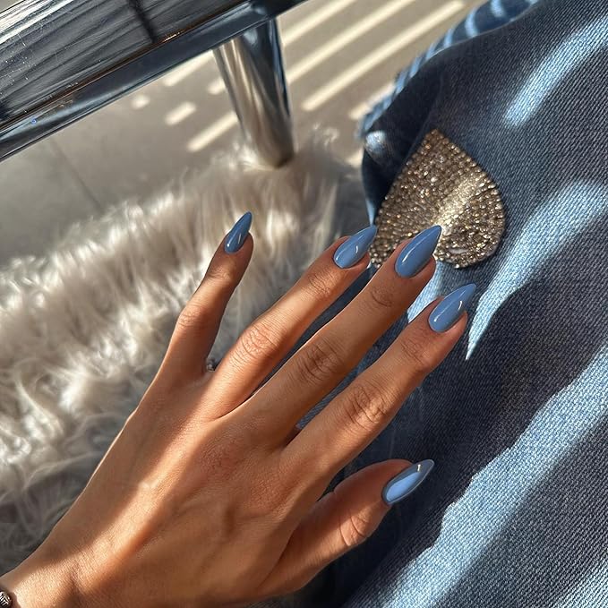 light Blue Press on Nails Almond Shaped Medium Almond Nails Press on Neutral Acrylic Nails Reusable Fake Nails for Women Girls, Glue on Nails Medium Length Stiletto False Nails Gel Artificial Nails