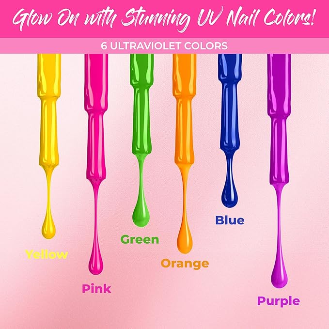 splashes & spills UV Blacklight Glow Nail Polish - 6 Color Variety Pack, 13ml – Day or Night Stage, Clubbing or Costume Makeup