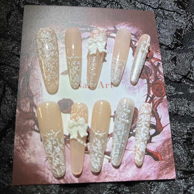 Press on Nails Handmade Nails 10Pcs Fresh Style Hand White Manual Press on Nails for Women Party Holiday Photo 33mm Long Size S