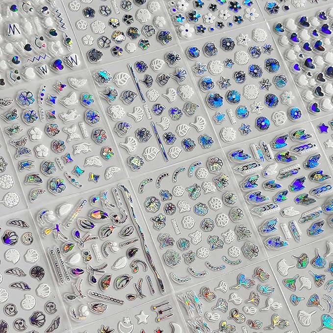 3000Pcs 60 Sheets Silver Nail Art Stickers Silver Aurora Nail Stickers Decals 3D Self-Adhesive Star Flower Nail Decals for Women Girls Salon Home DIY Manicure Nail with Tweezers Included…