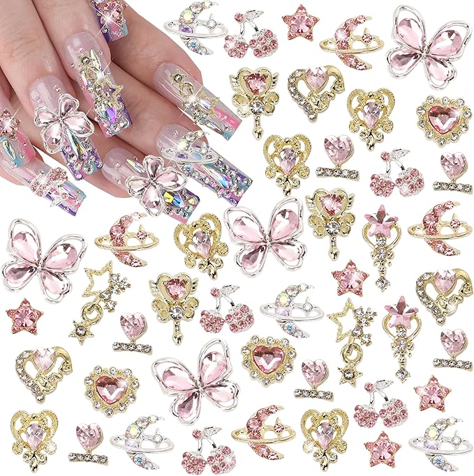 24PCS Nail Charms Y2k Alloy Nail Art Rhinestone Charms 3D Heart Star Sailor Moon Nail Charms with Rhinestones Cherry Nail Gems Shiny Jewelry Nail Decorations Supplies A