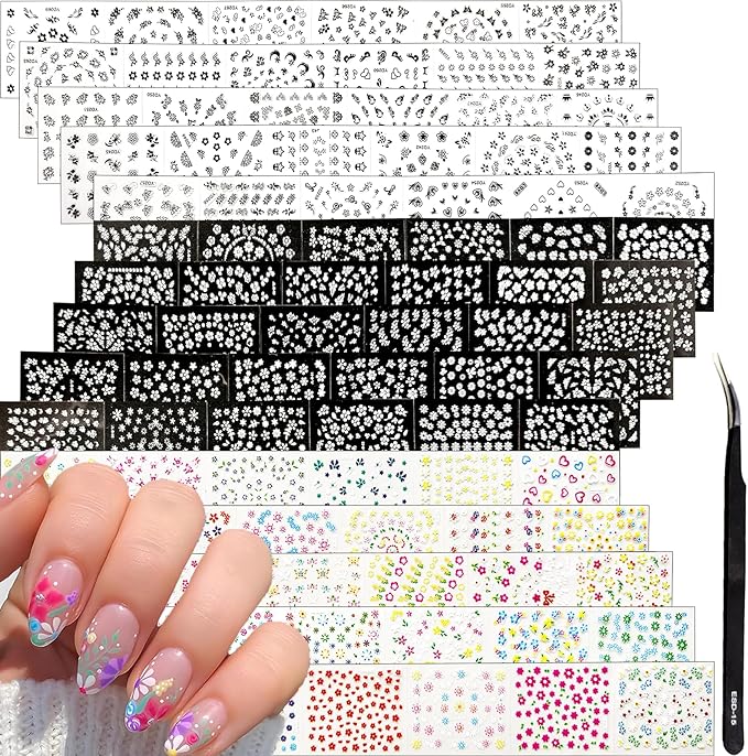 90 Sheets Flower Nail Art Stickers Decals 3D Self-Adhesive Daisy Cherry Blossoms Flower Nail Sticker Black White Colorful Floral Nails Supplies for Women Girls Manicure Decoration with Nail Tweezer