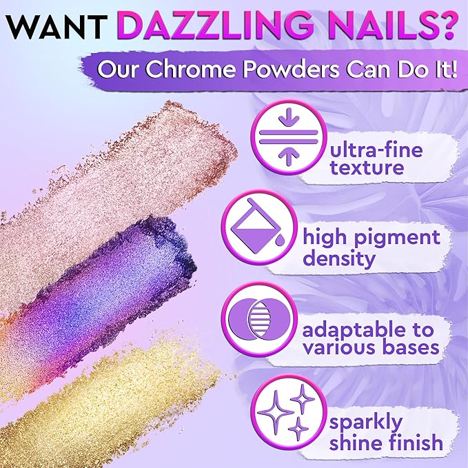Chrome Nail Powder Set – 16 Colored Nail Chrome Powder Set with Gold, Silver, Copper, Blue, Green & Red Pigments – Mirror, Holographic & Chameleon Effects for Trendy Nails Looks with Luminous Shine