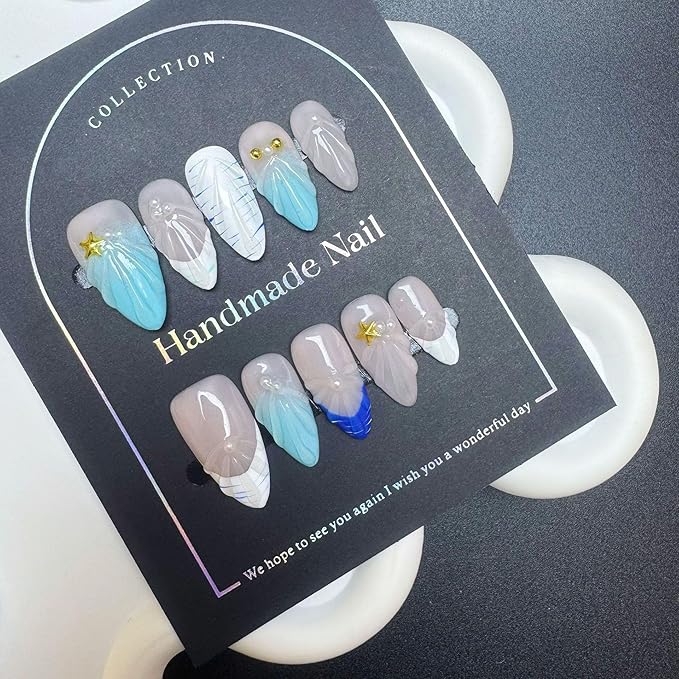 100% Handmade Press on Nails Summer Medium Almond Fake Nails Acrylic Handmade Nails Press Ons Ocean Seashell Waterdrop False Nails for Women Girls Manicure Size M