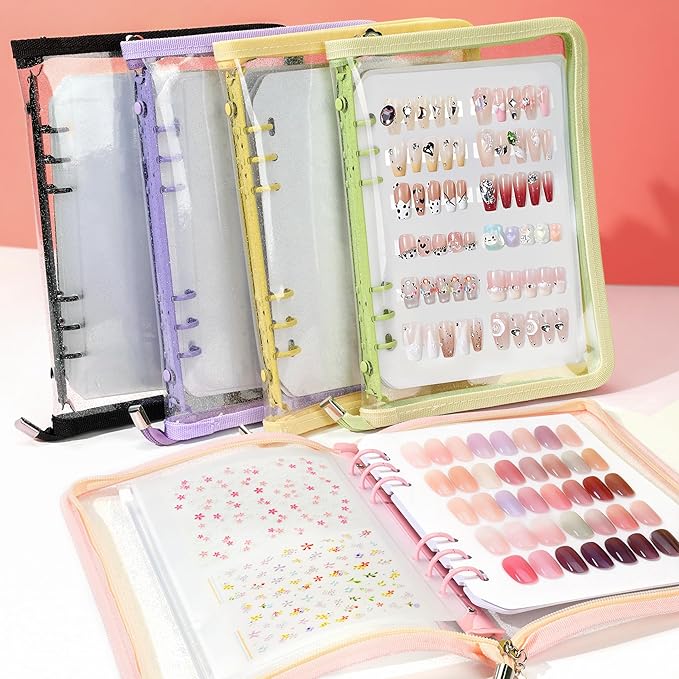 18PCS Press On Nail Organizer Clear Empty Press on Nail Packaging Set with 8 Insert Pages,8 nail double tape and 1 Zipper Pocket for Fake Nail Storage Nail Art Salon (pink)
