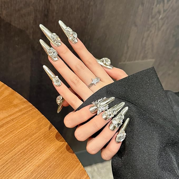 Handmade Press on Nails Stiletto Full Diamond Butterfly Metal Decoration on Long Pointed Magic Mirror Silver Sweet and Cool Retro Handmade Stiletto Press on Nails 3D Luxury Press on Nails（L）