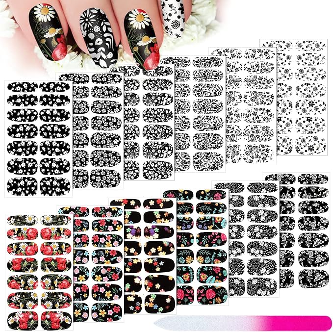 168 Pcs 12 Sheets Full Wraps Nail Polish Stickers Flower Print Self-Adhesive Nail Decal Strips with File Manicure Kits Colorful Flower Full Cover Decal Strips for Women DIY Decoration(Classic Style)