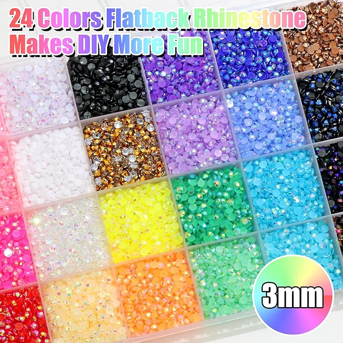 RODAKY Resin Rhinestone for Bedazzling Colorful Flatback Crystals AB Color 3mm Gems Kit with 2PCS 10ml B7000 Glue Tweezer Diamond Making Kit for DIY Craft Clothing Shoes Nail Decor