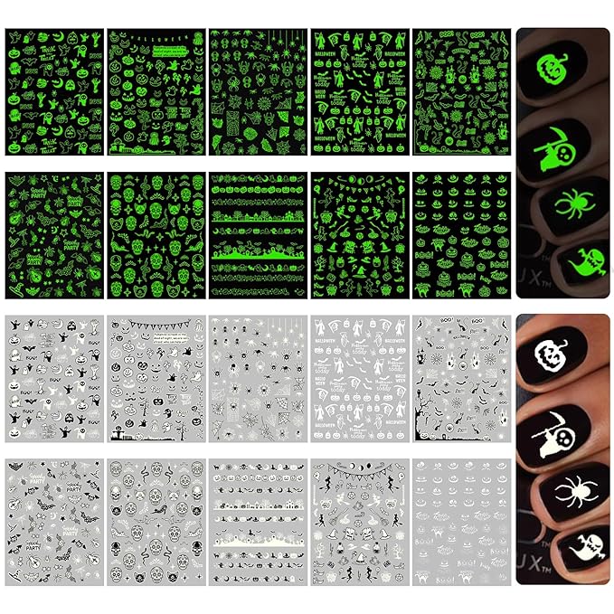 Halloween Glow in The Dark Nail Stickers, 3D Luminous Ghost Nail Art Decals, Self-Adhesive Pumpkin Spider-Web Bat Design for DIY Supplies Decoration (10 Sheets)