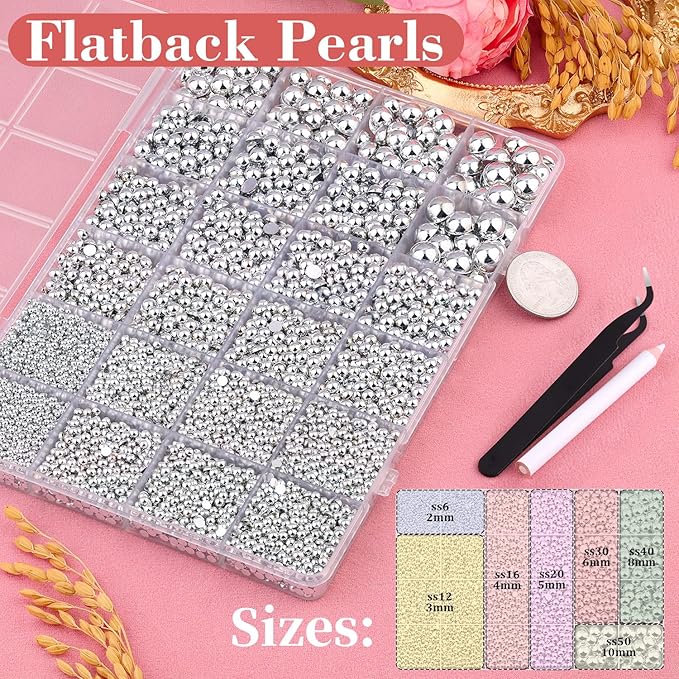 13000Pcs Flatback Pearls for Crafting (Silver), Assorted Size 2/3/4/5/6/8/10mm Non Hotfix Half Pearl, Bedazzling Bead for DIY Crafts Clothing Tumblers Mugs Shoes Fabric Embellishment Nail Art Makeup
