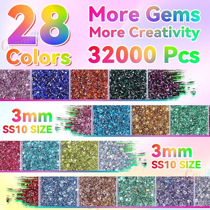 32000Pcs 3MM Colors Flatback Rhinestones for Bedazzling Kit, Colored Gems Rhinestones for Bedazzling, Colorful Gems Bedazzled for Crafting DIY Face Fabric Makeup Crafts Tumblers