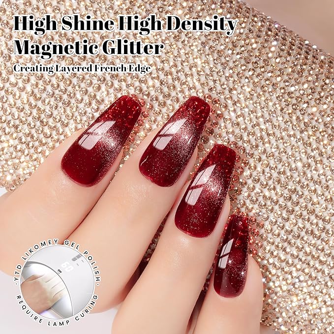 YTD Likomey Gel Nail Polish Set,Berry Red 2 Pcs 15ml Cat Eye Glitter and Translucent Blood Red Set,Fall Winter Magnetic Glitter Nude Neutral Jelly Fall Winter UV Varnish with Magnet Stick,0.5 Fl Oz