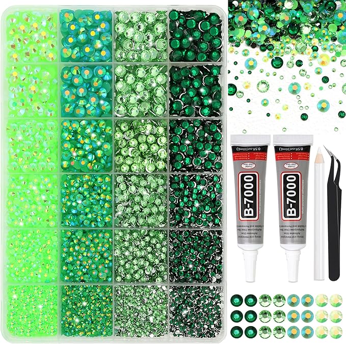 RODAKY 30000Pcs Green Rhinestone Flatback Gems for Bedazzling 2/3/4/5/6mm Resin Jelly Rhinestones 2PCS 10ml B7000 Jewelry Glue Making Kit Crystal Beads for DIY Craft Clothing Shoes