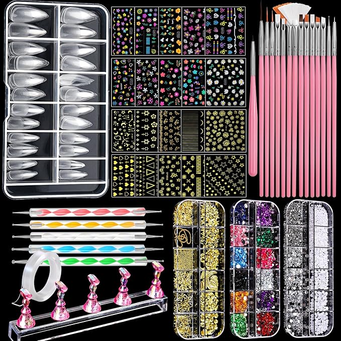 FANDAMEI Nail Art Brushes, Nail Art Kit with Nail Art Brush, Dotting Tools, Nail Rhinestones Pearls, Nail Charms and Gems, Nail Stickers for Women Decals, Nail Stand for Press on, Nail Design Kits