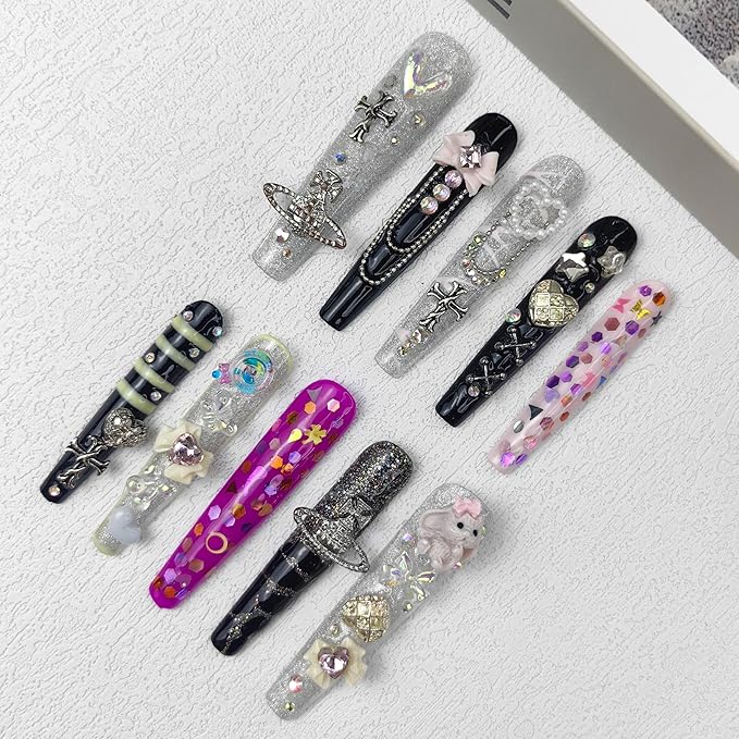 2025 Long Novel Design Reusable 100% Handmade PMMA Acrylic Press On Nails Kit with Box Gift for Women (Multicolor, M)