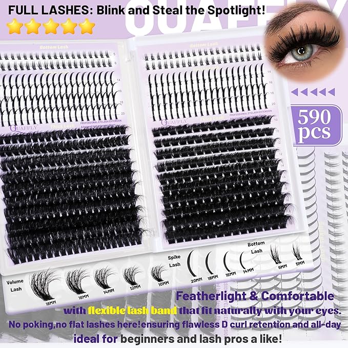 DIY Lash Extension Kit 1676Pcs D Curl Individual Spike Manga Lash Clusters Kit with Bottom Lashes, Lash Bond and Seal, Remover, Tweezers,Brush by QUAFFLY