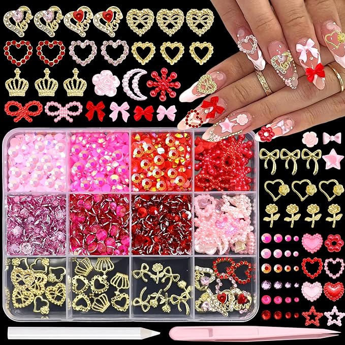 BELICEY Valentines Gold Heart Nail Charms 3D Metal Red Heart Nails Rhinestone and Gem Flatback Pink Bow Nail Jewelry for Valentine‘s Day DIY Manicure Decorations for Women Accessories Supplies