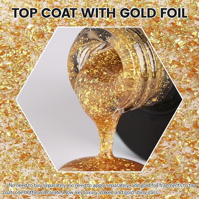 YTD Likomey Gel Polish Polish Gold Foil Top Coat,Glossy No Wipe Long Lasting Shiny Finish Clear Gold Glitter Sparkle,Salon Home DIY UV Manicure Nail Art Varnish UV Nail Gel,15ml 0.5 Fl Oz