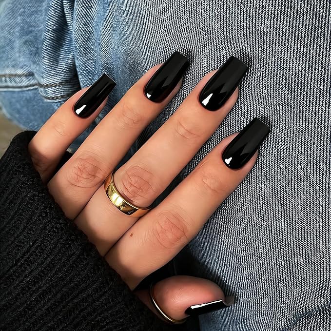 KQueenest Black Press on Nails Long Medium Square, Dark Fake Nails Medium Coffin, Glossy Sheer Color Acrylic Nails Press ons, Reusable Soft Gel Glue on Nails for Women Everyday Wear