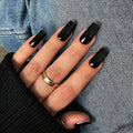 KQueenest Black Press on Nails Long Medium Square, Dark Fake Nails Medium Coffin, Glossy Sheer Color Acrylic Nails Press ons, Reusable Soft Gel Glue on Nails for Women Everyday Wear