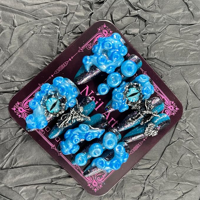Press on Nails Handmade Nails 10Pcs Blood Style Hand Carved Blue Eyes Manual Press on Nails for Women Party Holiday Photo 33mm Long Size S