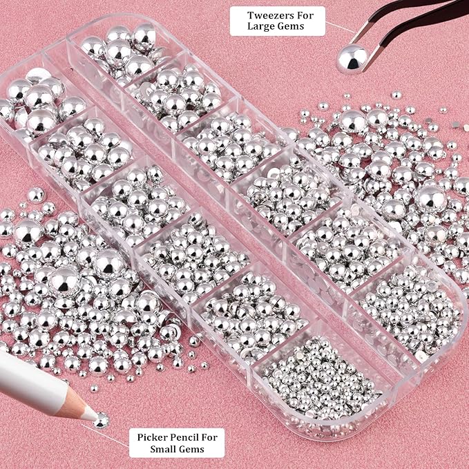 Belleboost Silver Nail Charms and Gems, Half Round Flatback Pearl Nail Charms, Nail Pearls Rhinestones Kit Silver Beads for Nails with Pencil and Tweezer for DIY Nail Art, Face Makeup and Crafting